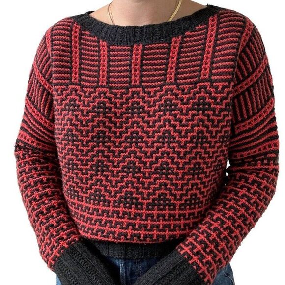 Theory Womens 100% Wool Soft Gray Red Fretta Loryella Geometric Sweater Sz L - Picture 4 of 9